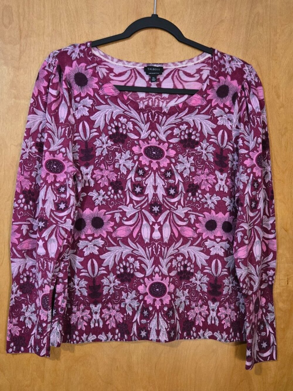 Talbots Womens XL Pink Burgundy Floral Pure Merino Wool Crew Neck Cottagecore